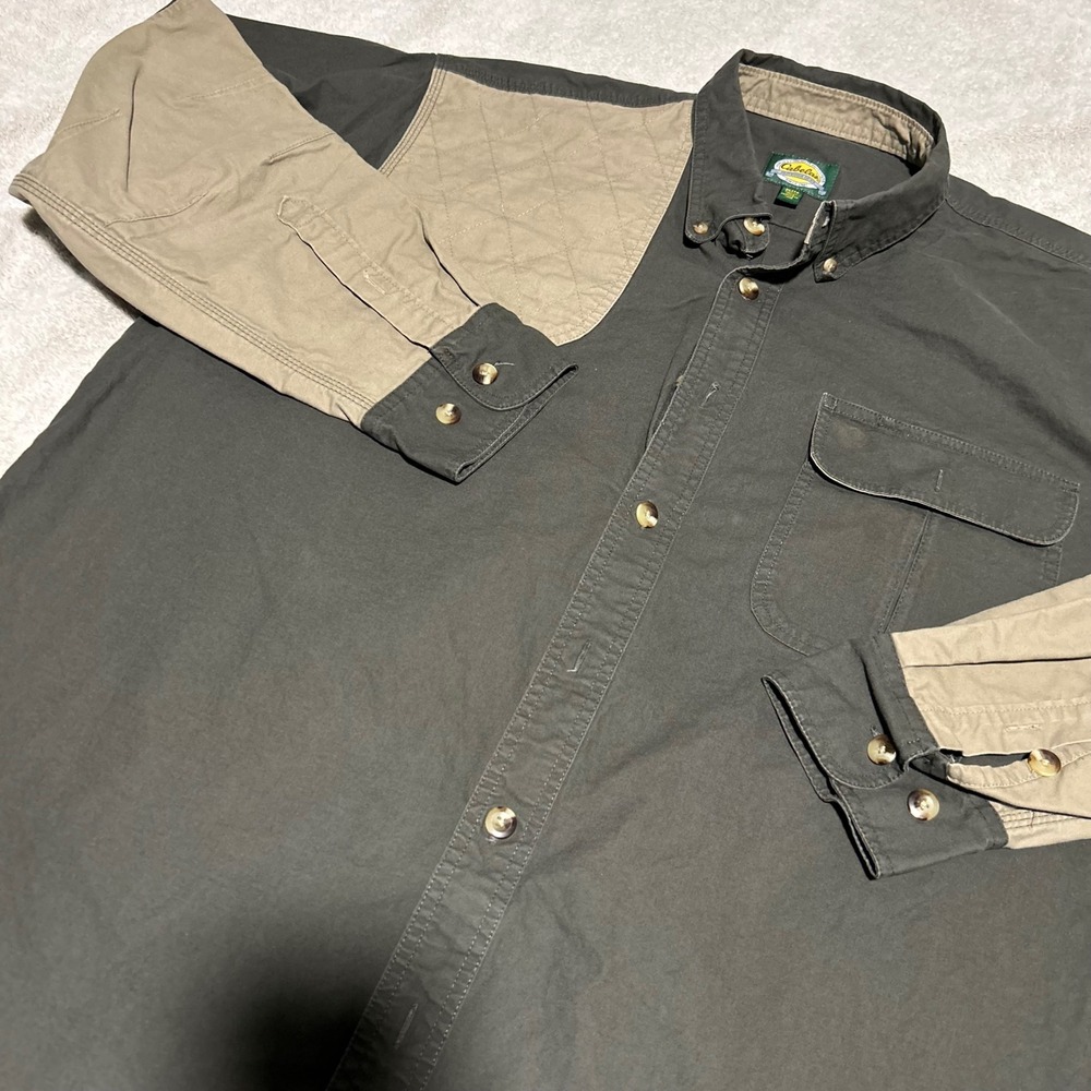 Cabela's Shooting Shirt Mens XL Olive Khaki Quilted Shoulder Patch Hunting